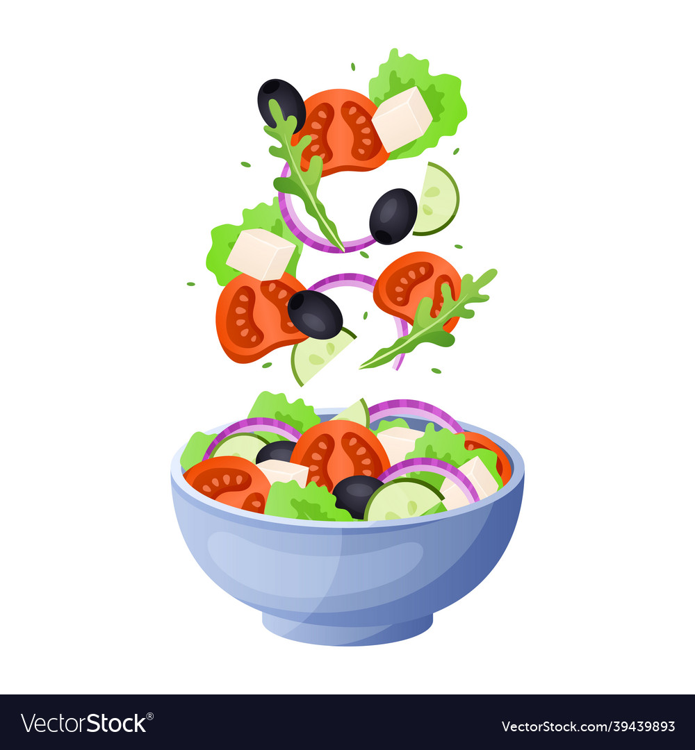 Salad ingredients cartoon flying lettuce leaves Vector Image