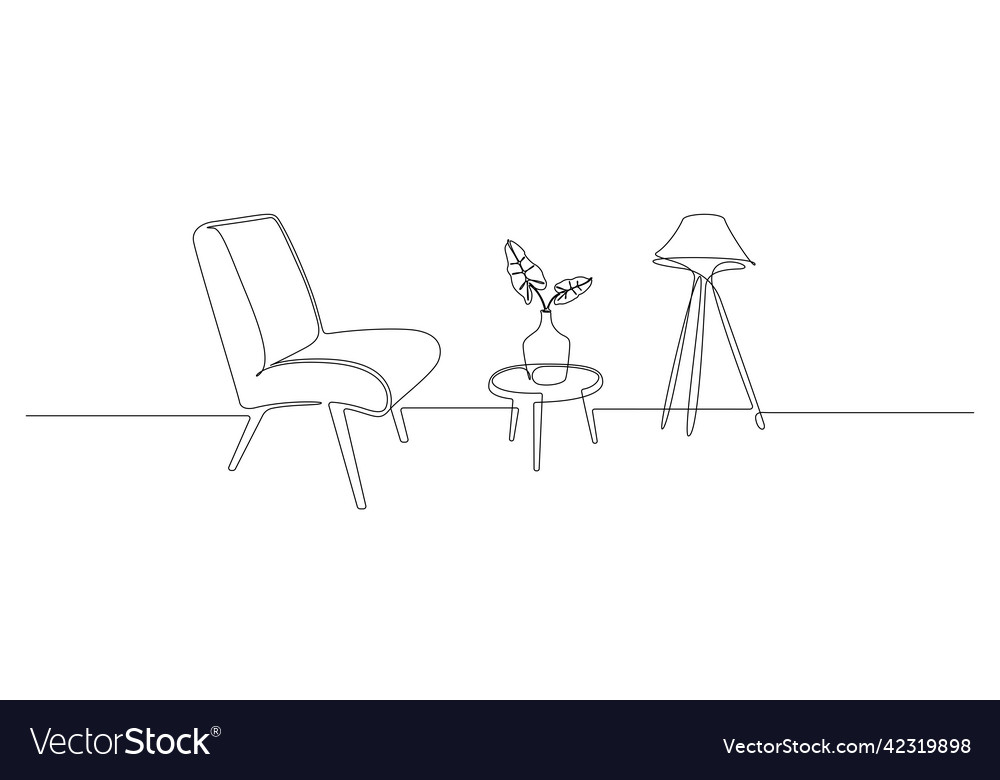 Continuous one line drawing of armchair and table