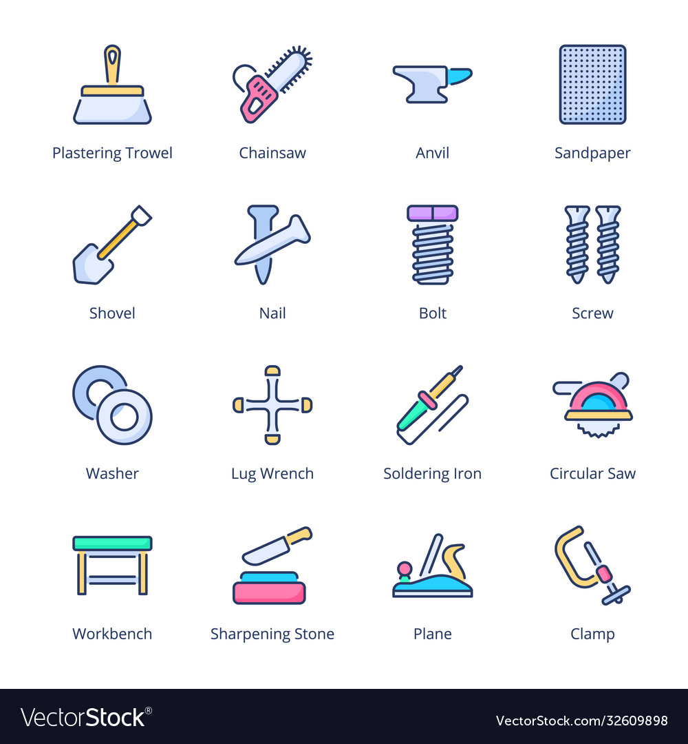 Tools filled line icons vector image Tools filled line icons