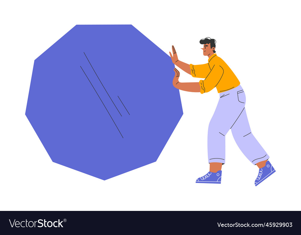 Man character pushing big blue polygon shape