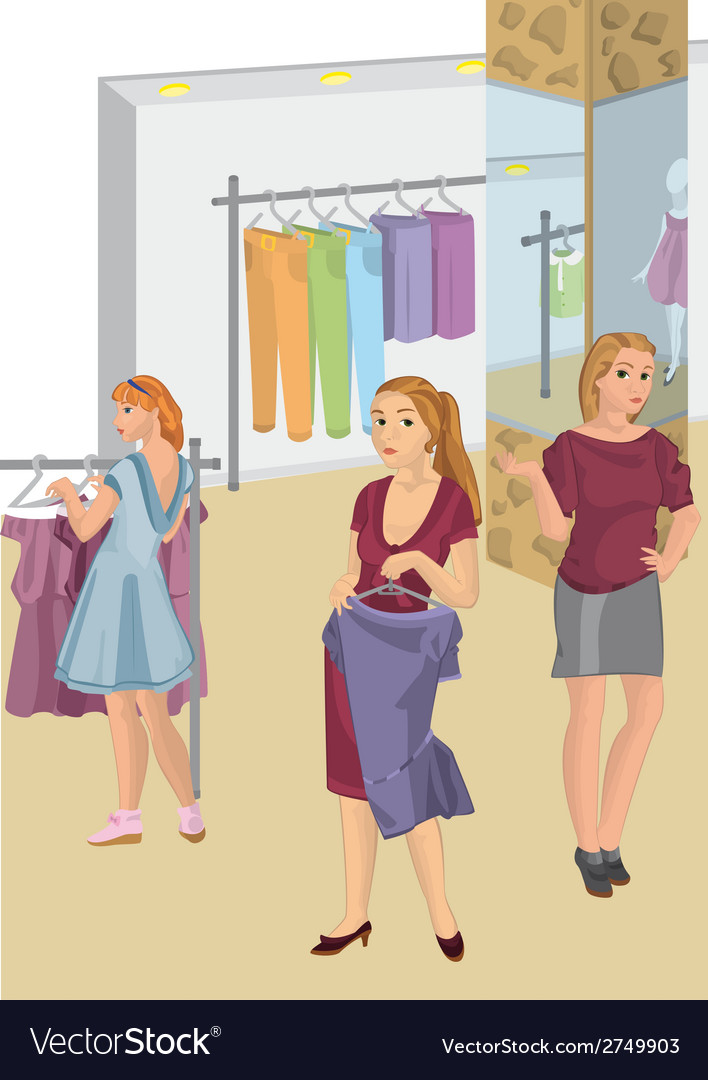 Retro girls in the store picking clothes Vector Image