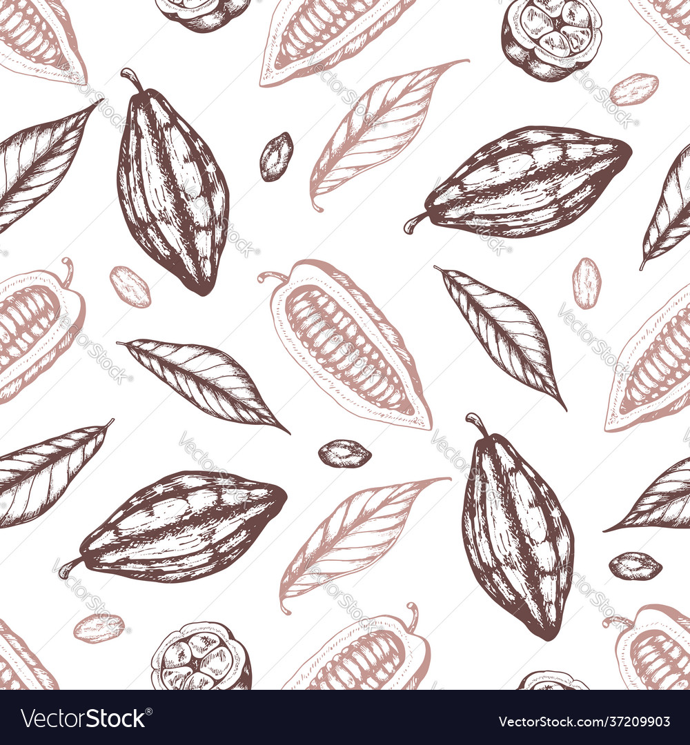 Seamless pattern with cocoa beans and leaves