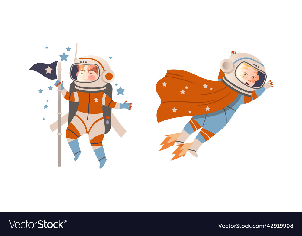 Boys in spacesuits flying with jetpack outer vector image Boys in spacesuits flying with jetpack outer