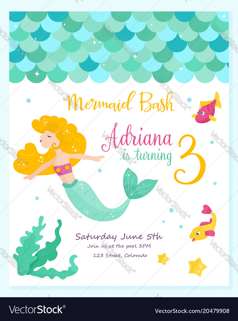 Bright invitation card with cute fairy mermaid