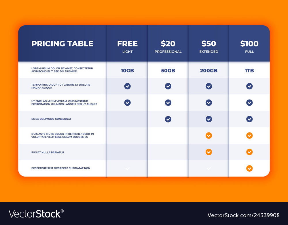 Comparison Table Price Chart Template Business Vector Image