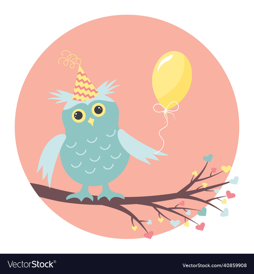 Cute baby owl with balloon sitting on the branch Vector Image