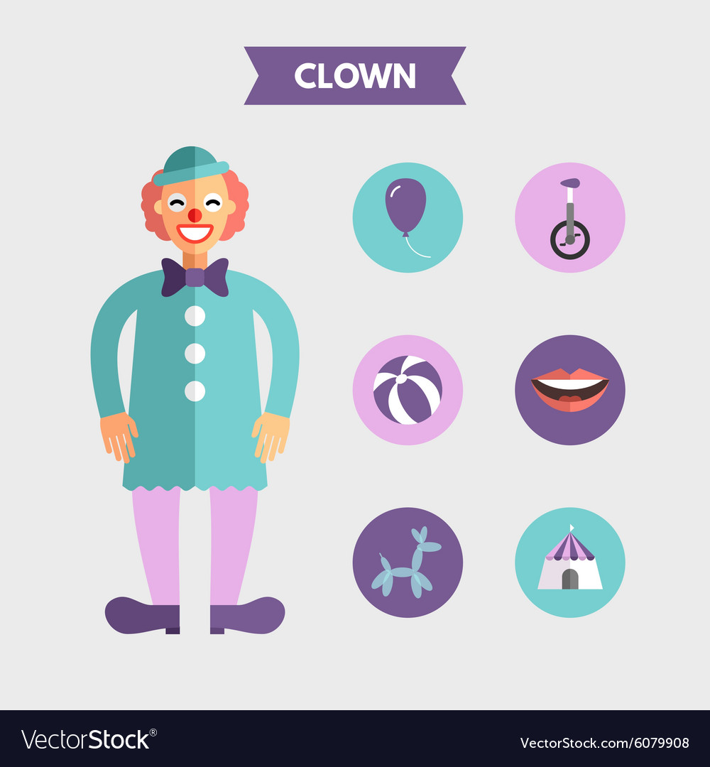 Flat design of clown with icon set infographic