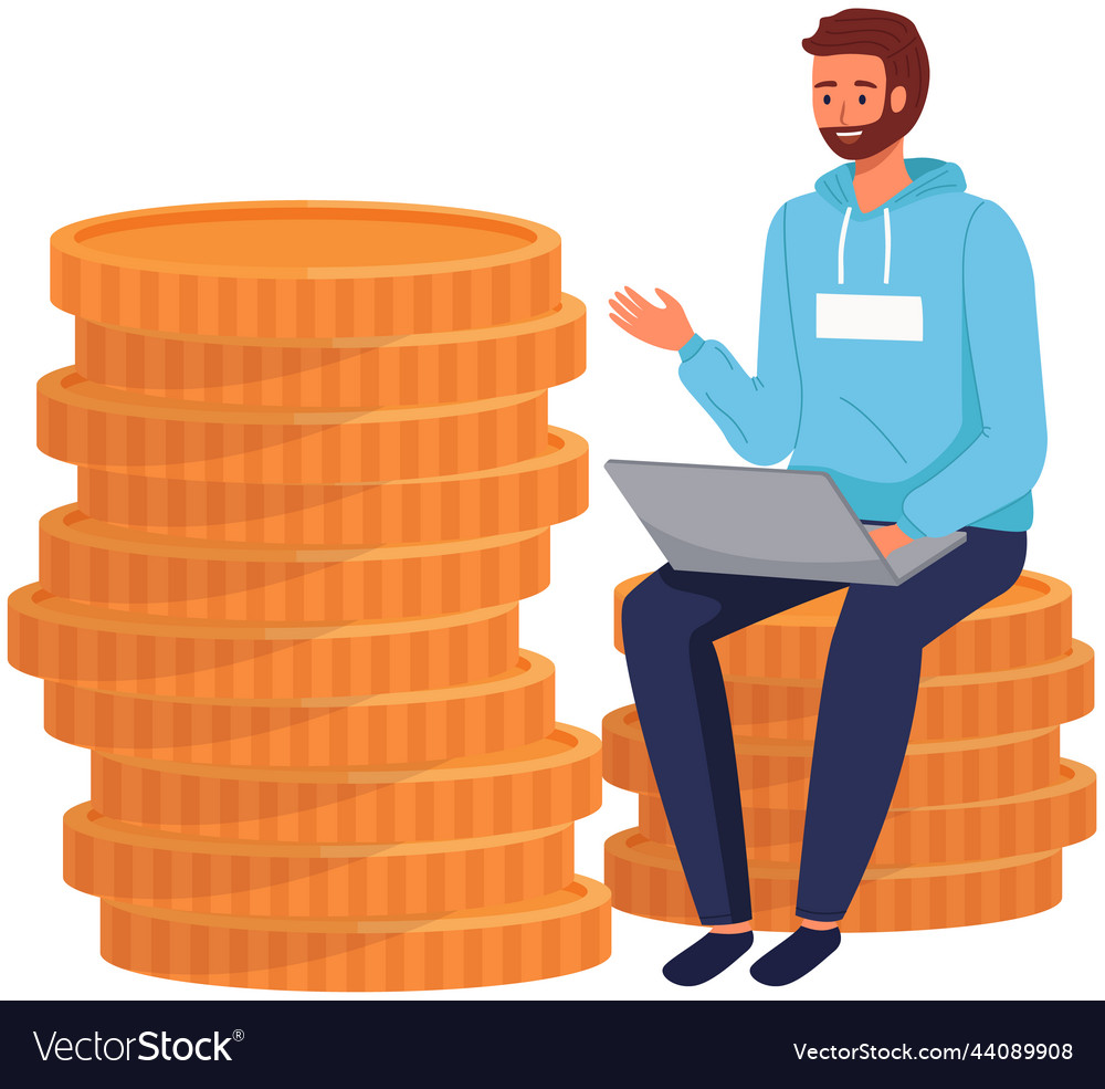 Man with laptop sitting on stack of coins app Vector Image Man with laptop sitting on stack of coins app