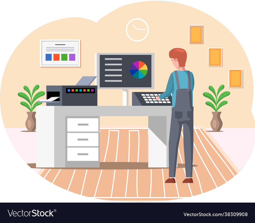 Man works with typography computer system vector image Man works with typography computer system