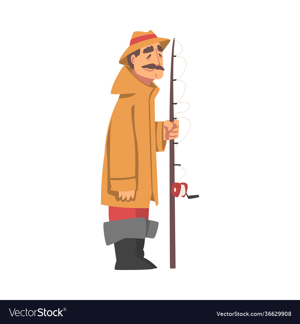 Moustached grandpa standing with fishing rod Vector Image