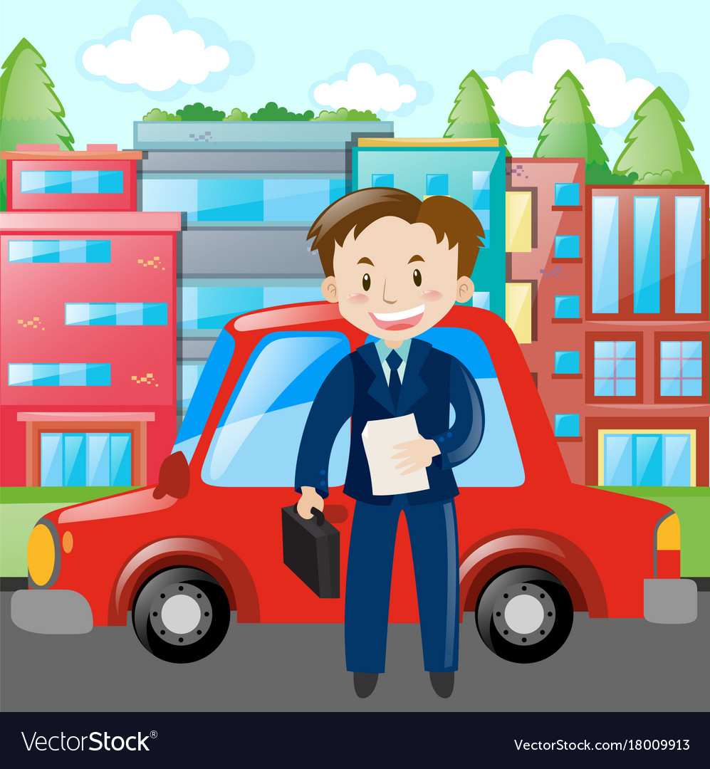 Businessman in blue suit by red car