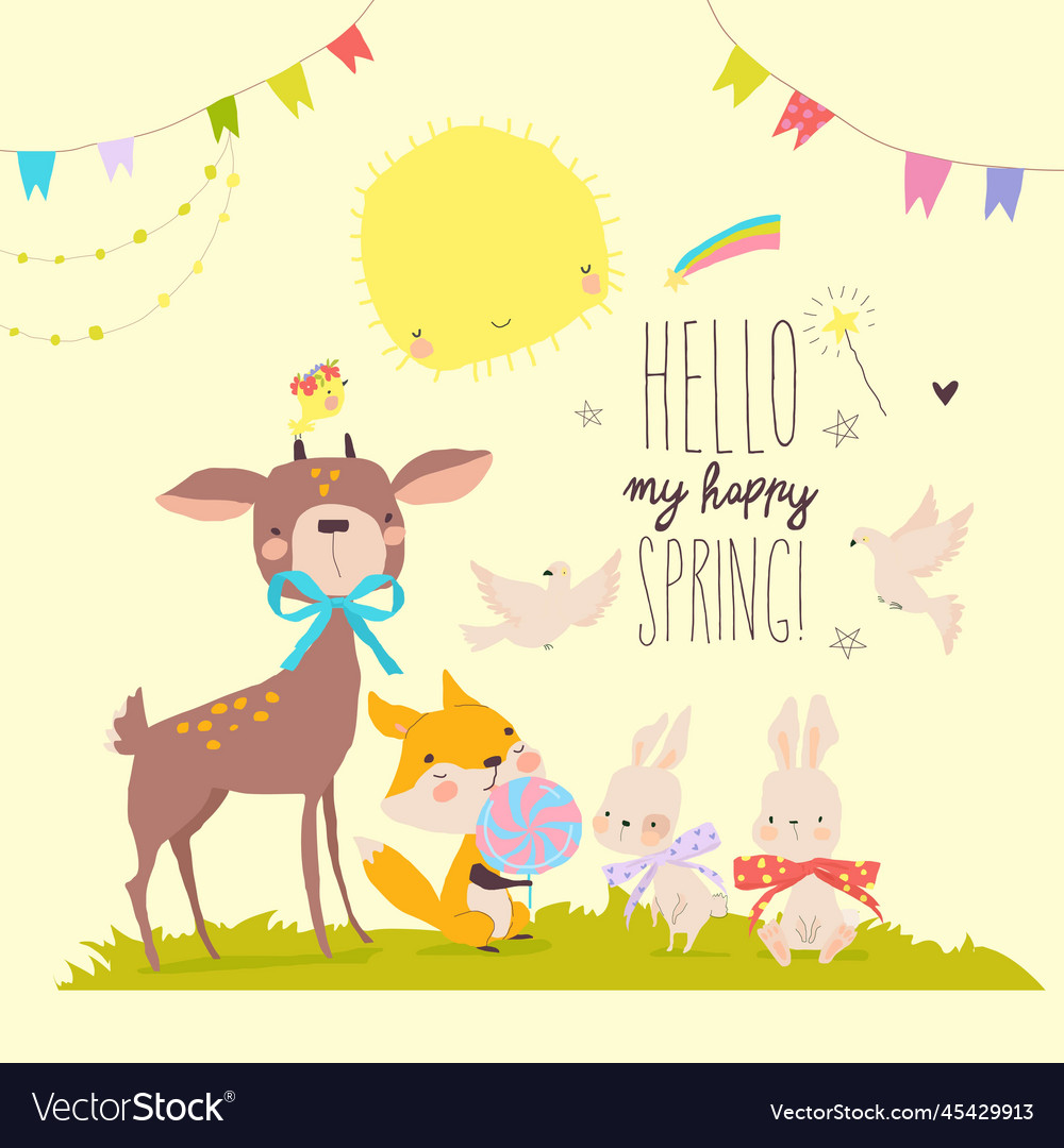 Cute deer fox and rabbits meeting spring