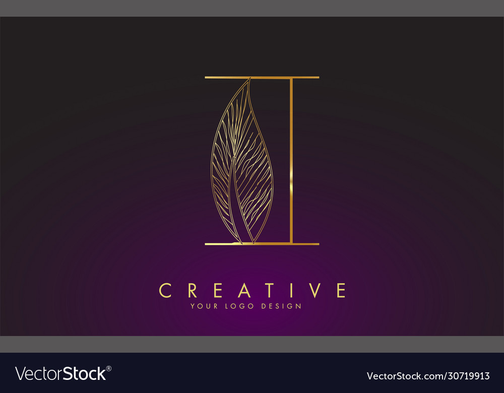 Outline golden letter i logo icon with wired leaf Vector Image