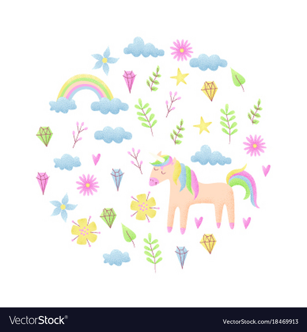 Unicorn design set with clouds and rainbow