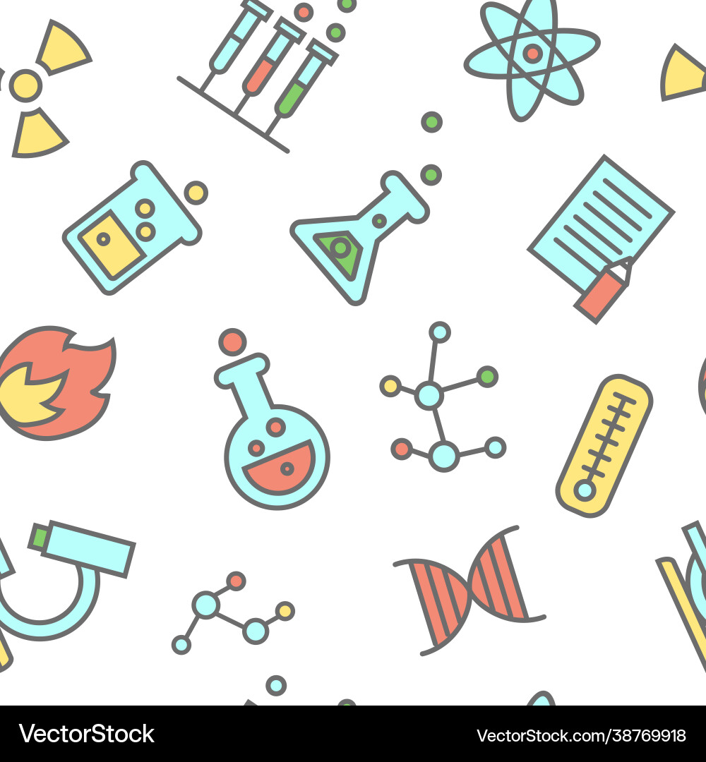 Chemistry seamless pattern laboratory flasks icons