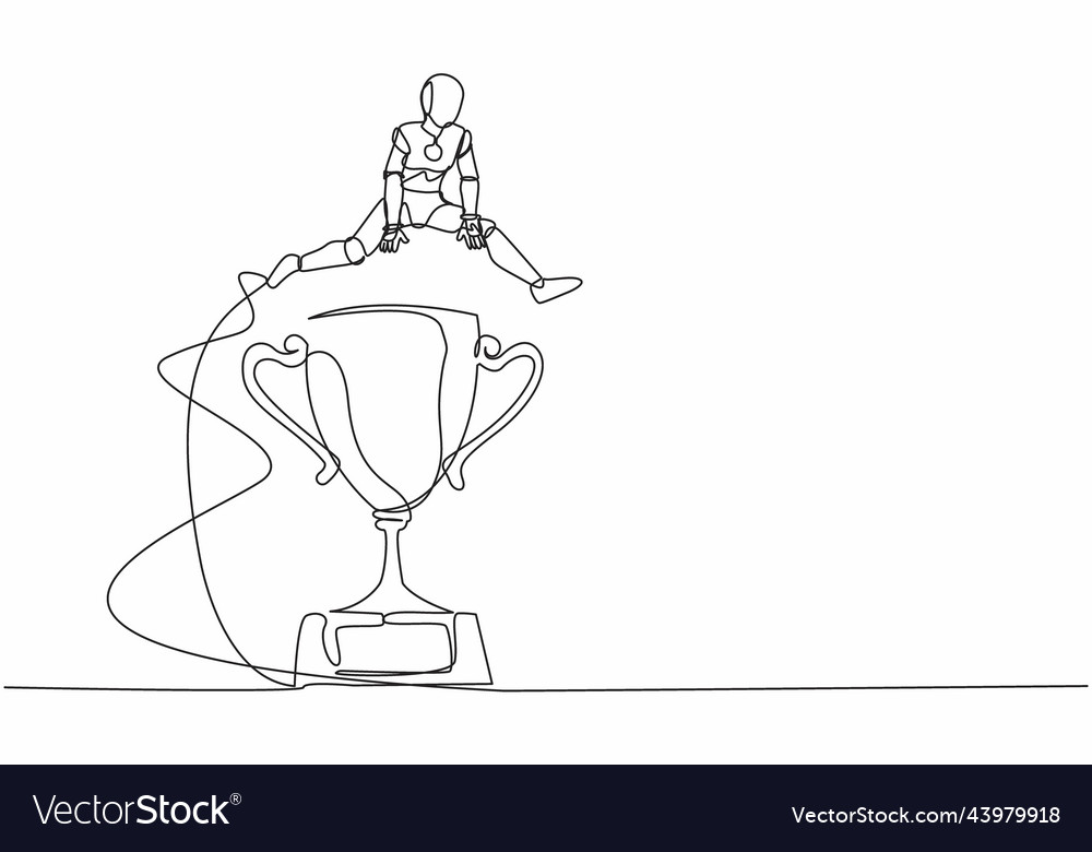 Continuous one line drawing robot jumping over vector image Continuous one line drawing robot jumping over