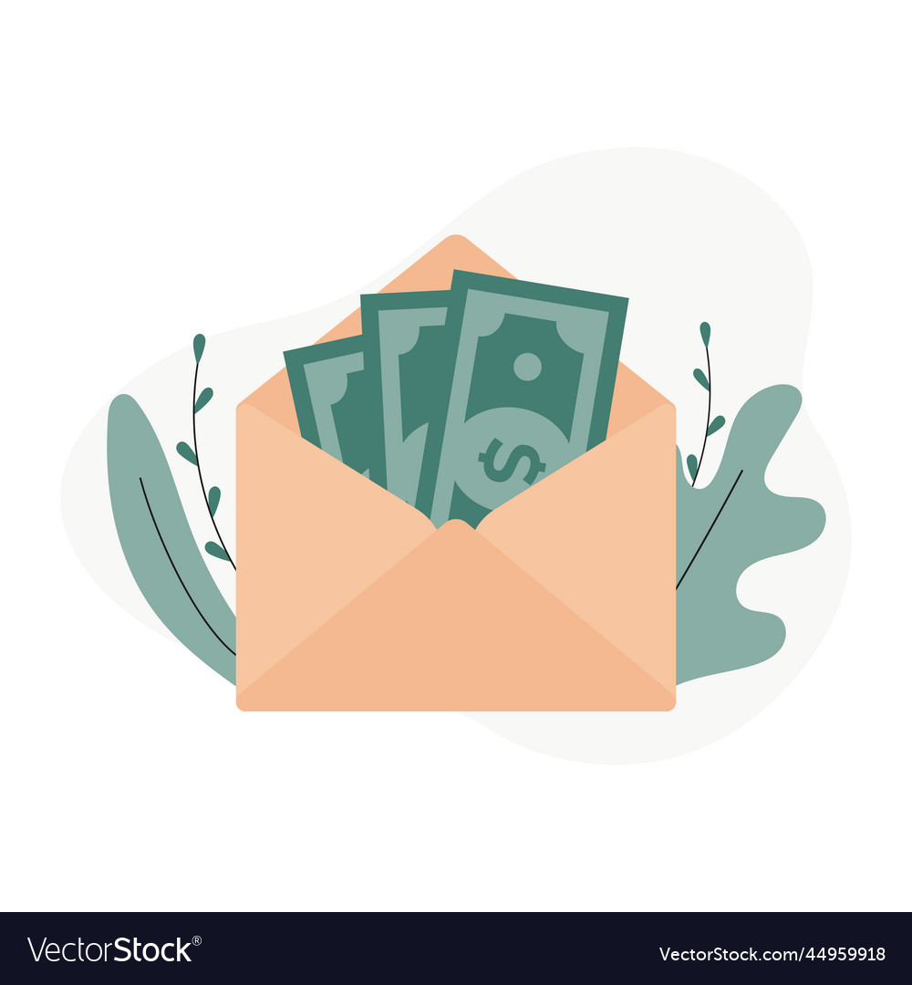 Opened envelope with money dollar bills salary