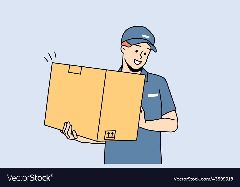 Smiling deliveryman with box in hands