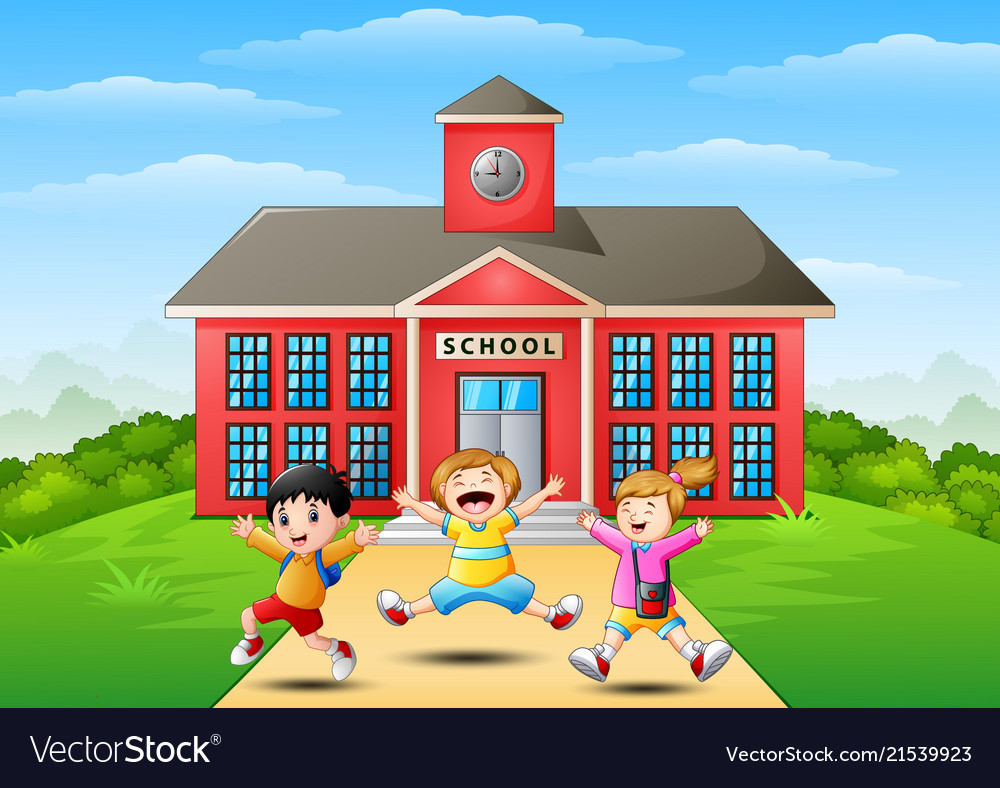 Happy school children jumping in front of school b