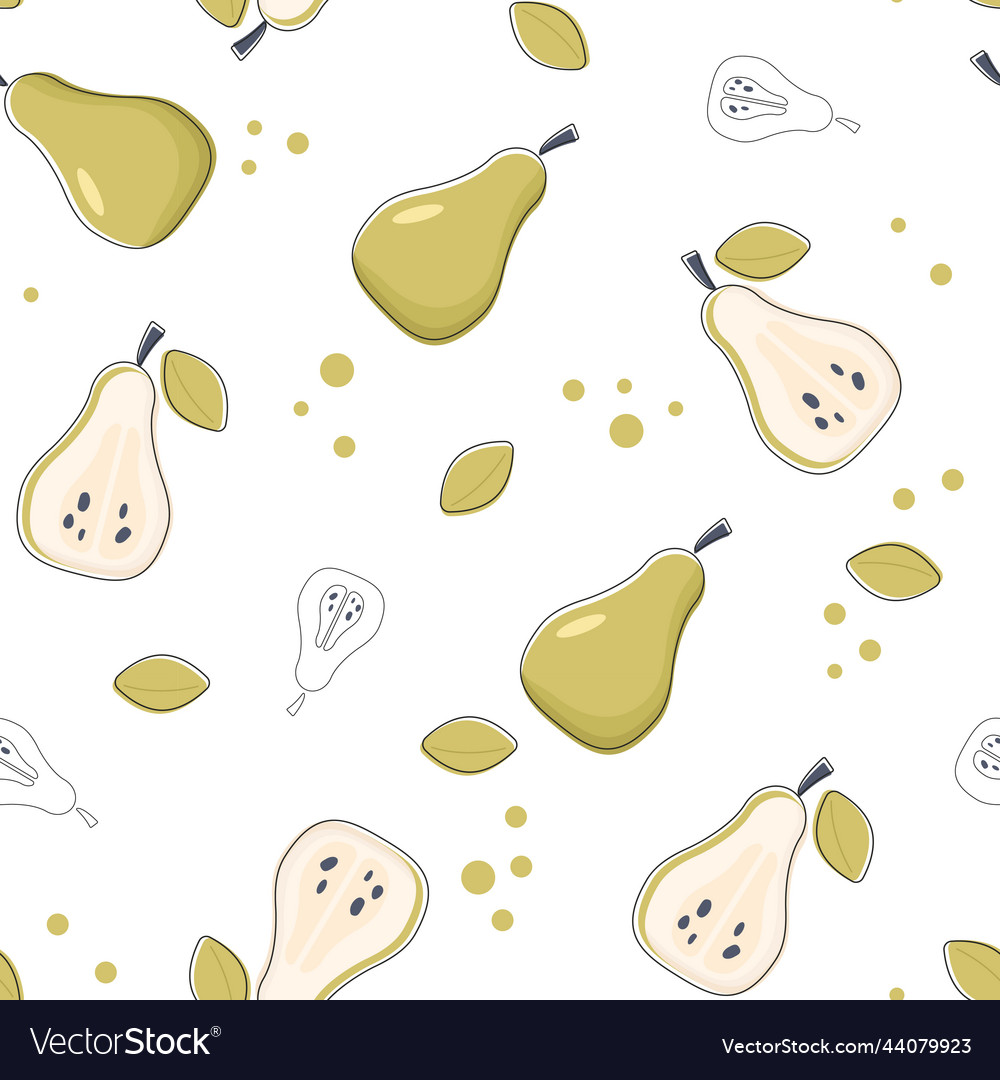 Pear seamless pattern with green leaves