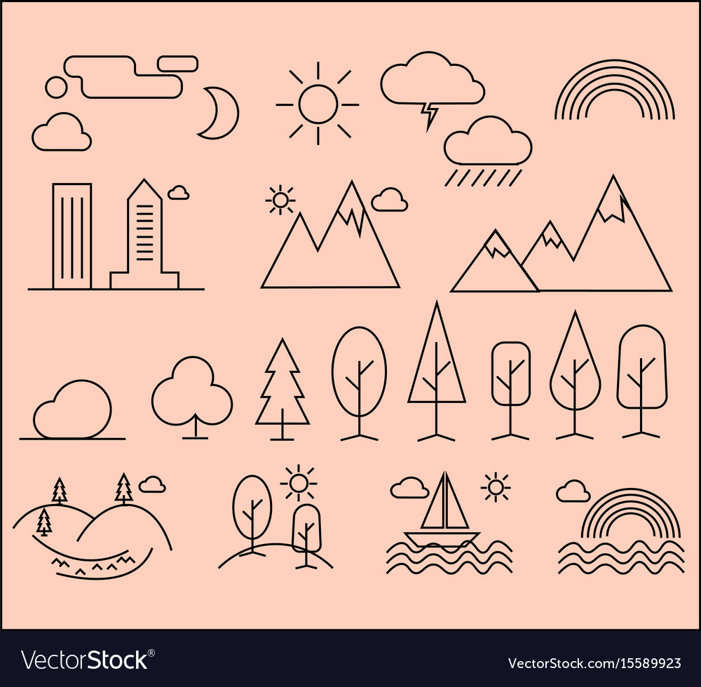 Set of linear icons city landscape elements