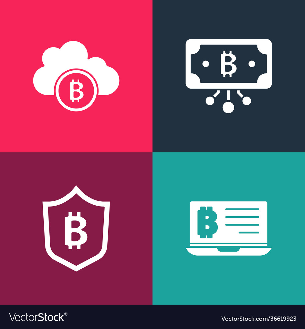 Set pop art mining bitcoin from laptop shield vector image Set pop art mining bitcoin from laptop shield