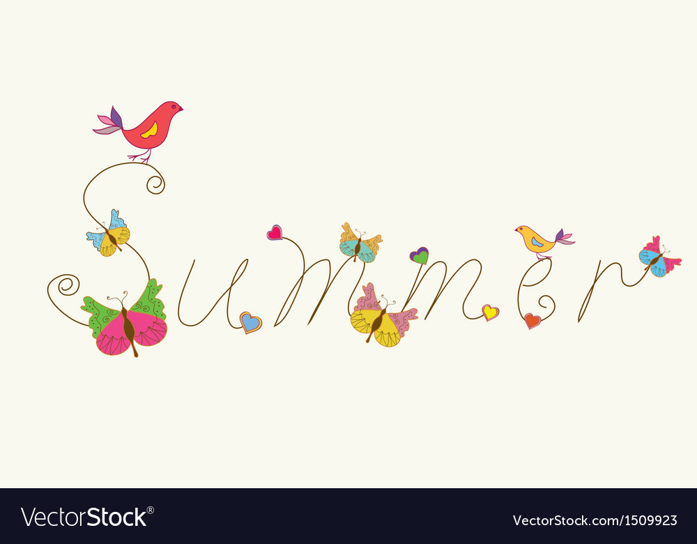 Summer Banner Word With Bird And Butteflies Vector Image