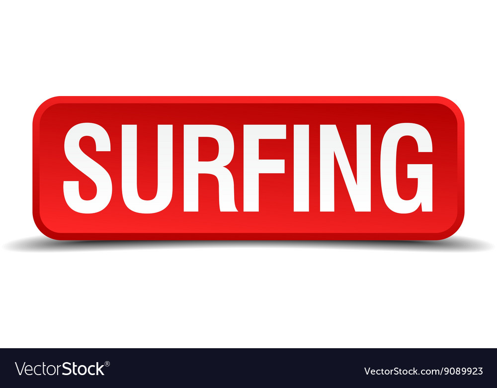 Surfing red 3d square button isolated on white