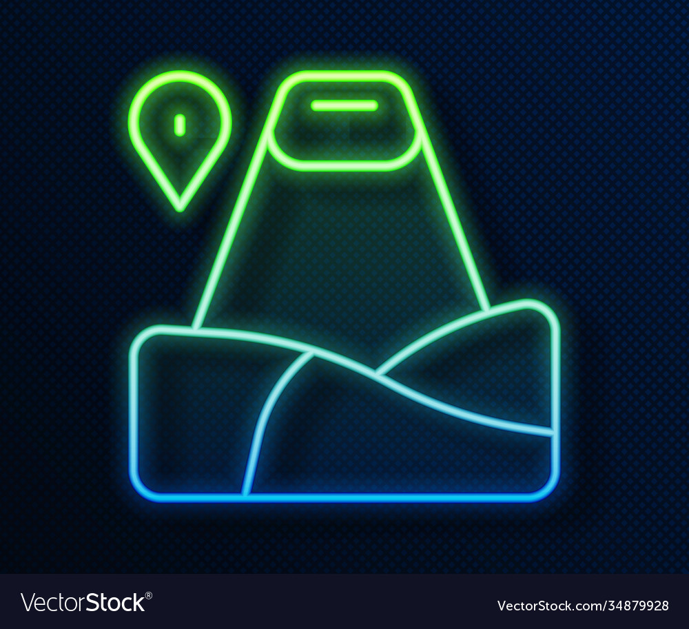 Glowing neon line map pointer with mountain icon vector image Glowing neon line map pointer with mountain icon