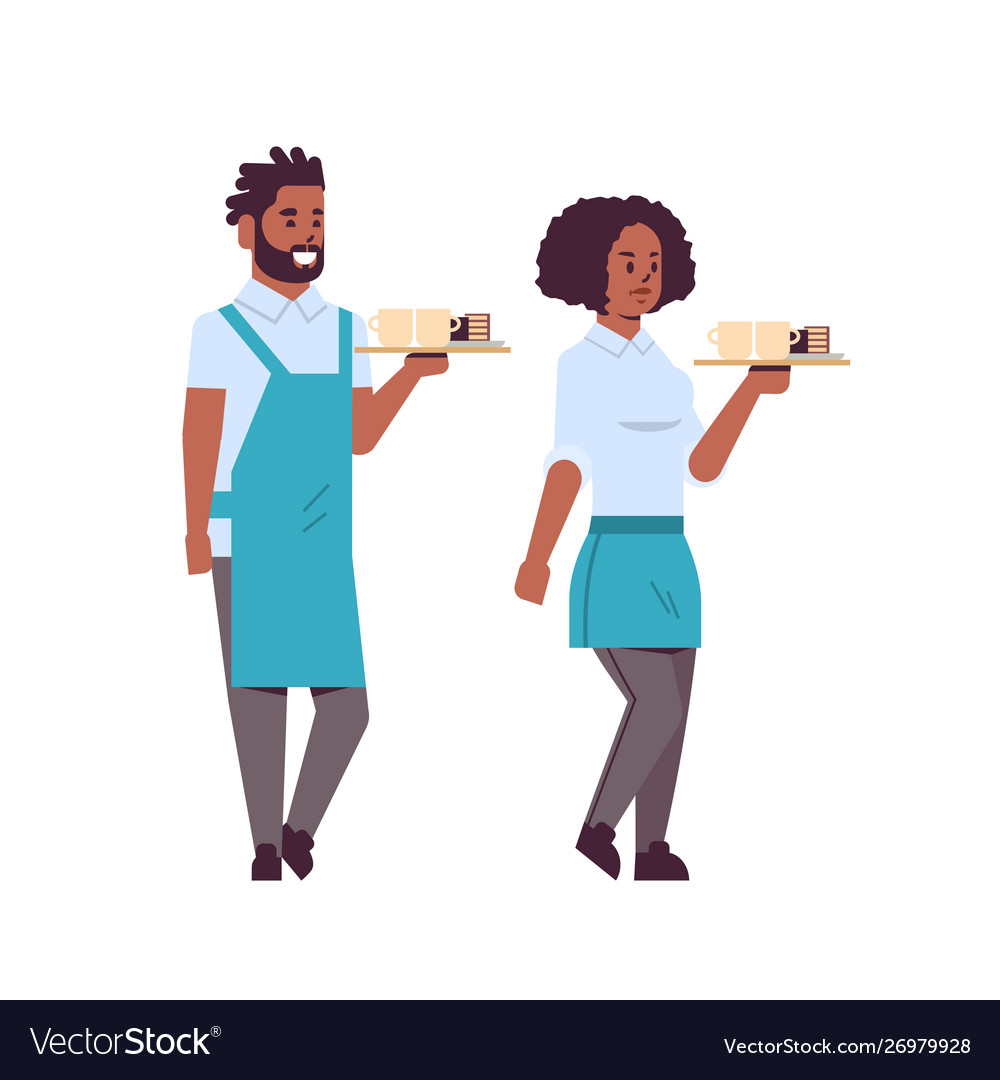 Professional waiters couple holding coffee