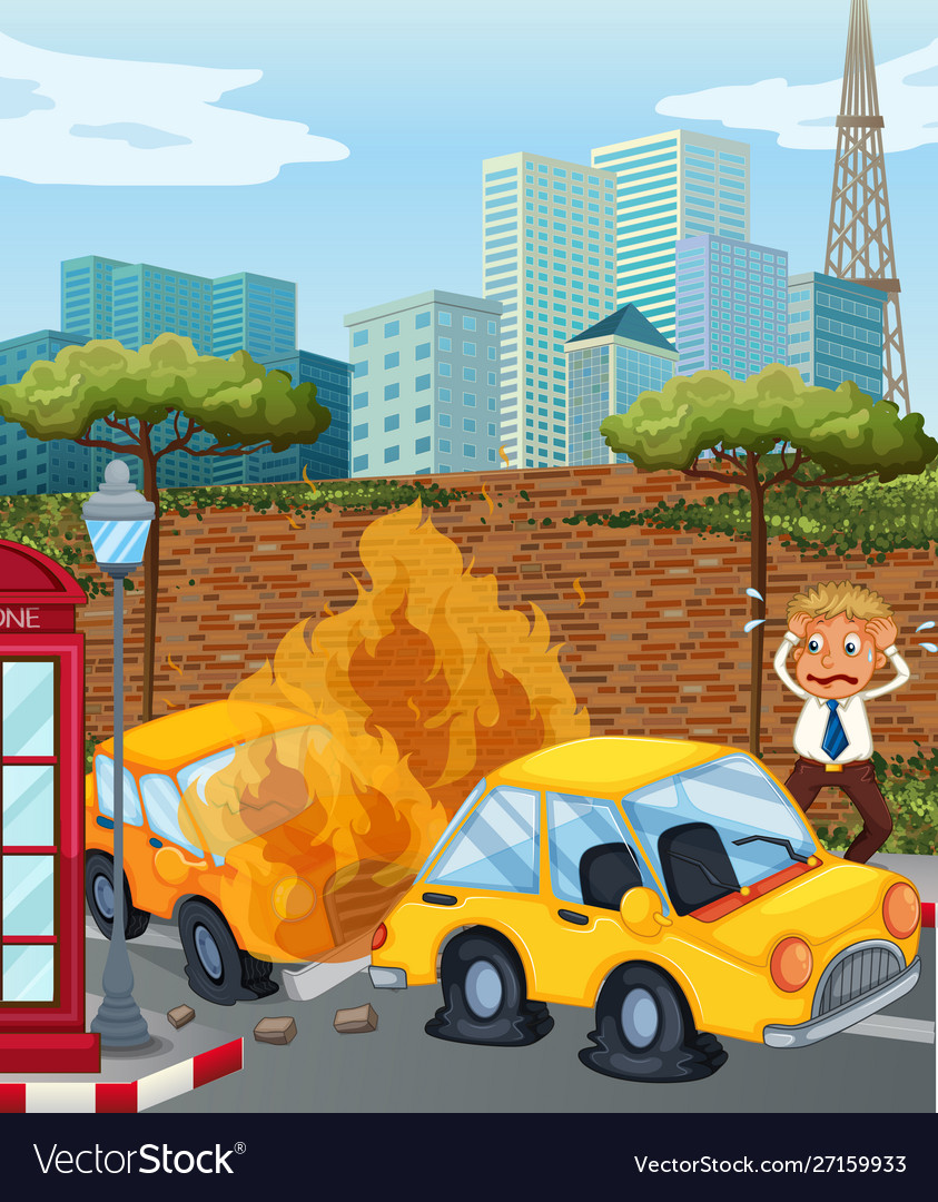 Accident scene with cars on fire in city Vector Image