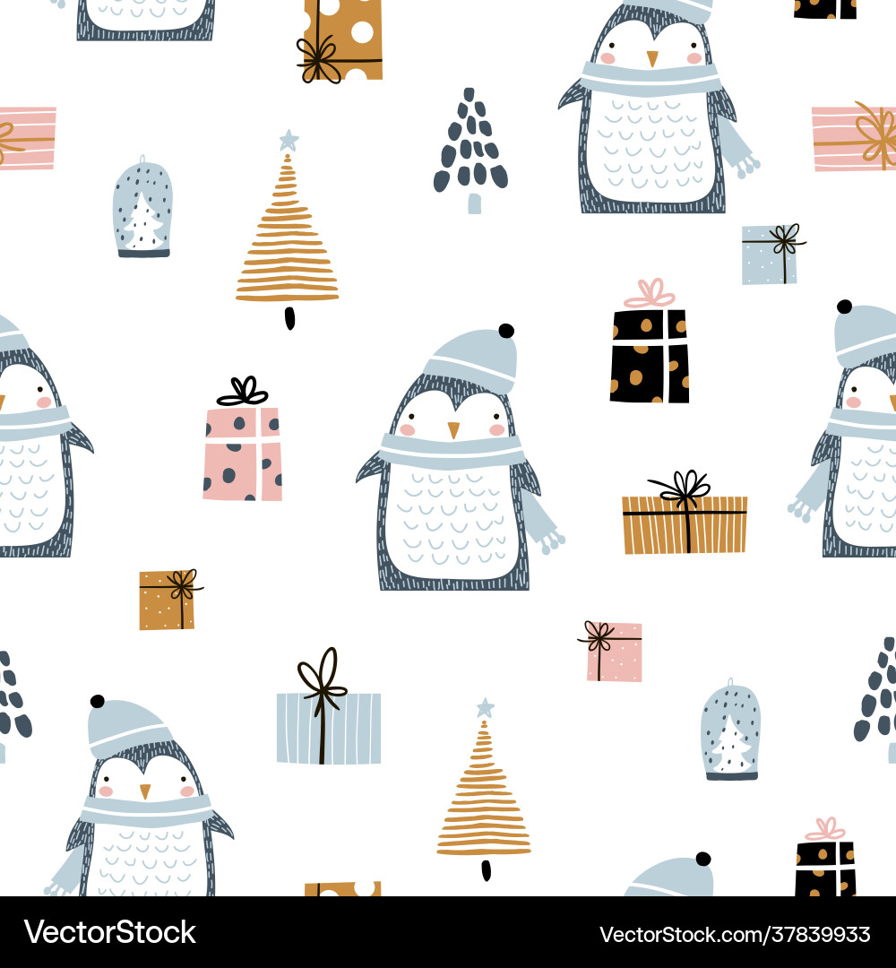 Seamless pattern with cute penguins gift boxes Vector Image