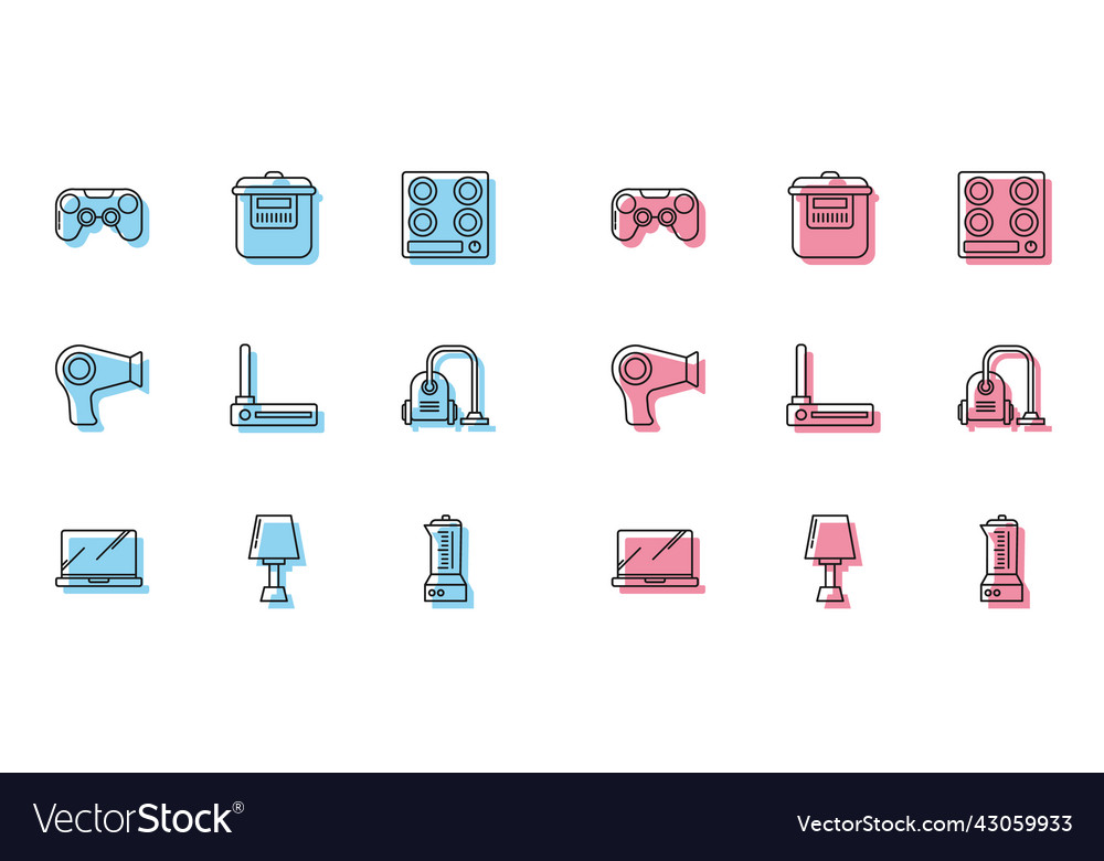 Set line laptop table lamp gamepad blender vector image Set line laptop table lamp gamepad blender