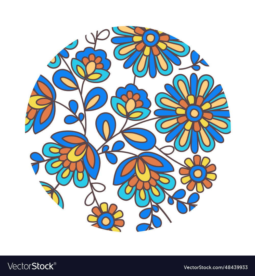 Slavic floral ornament in a circle bright blue
