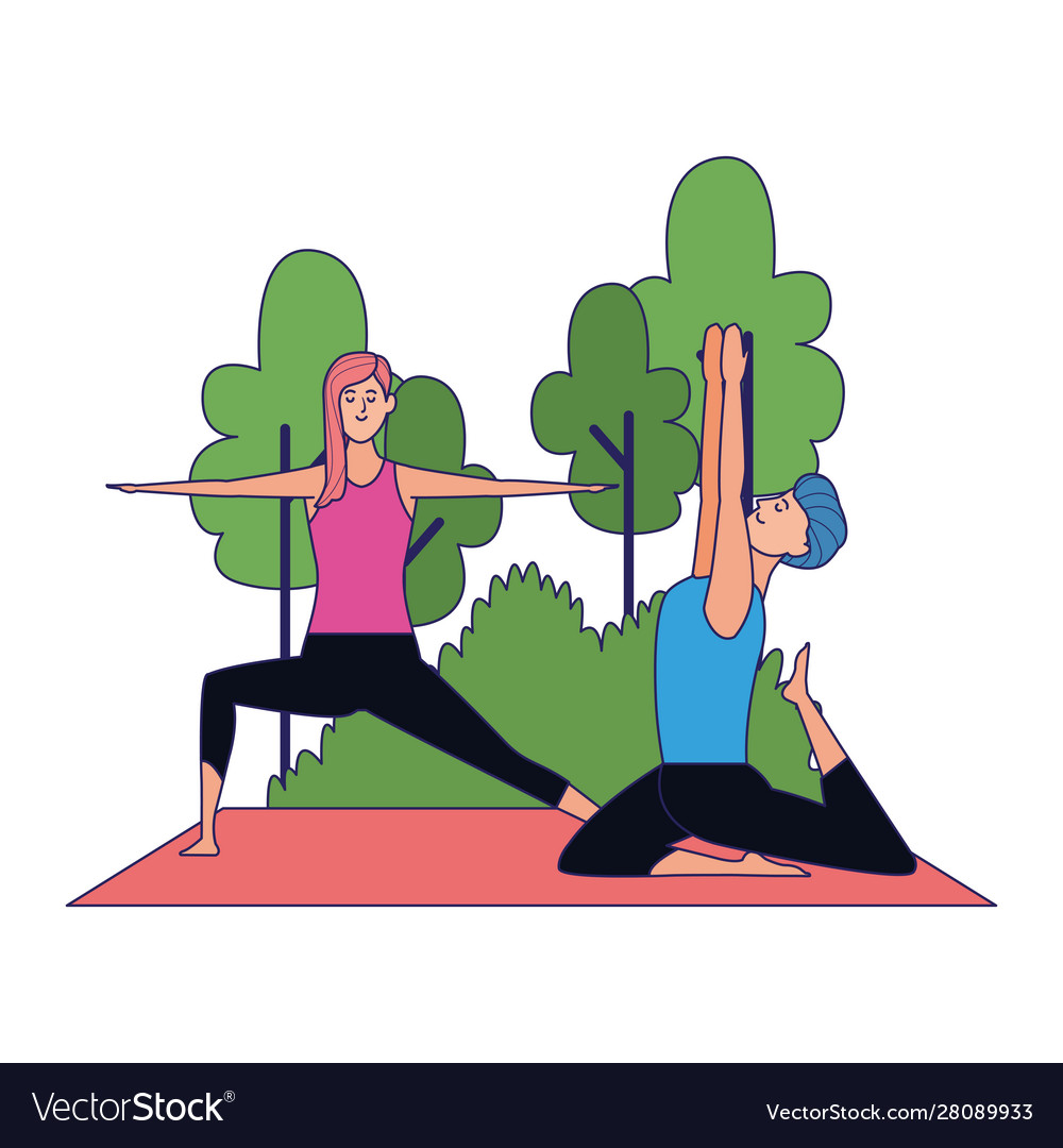 Young man and woman practicing yoga at outdoors vector image Young man and woman practicing yoga at outdoors