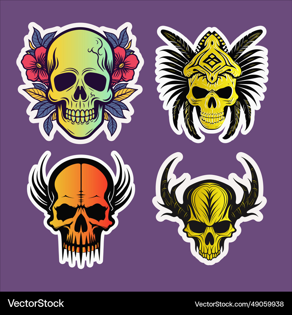 Four unique skull stickers with floral diamond Vector Image