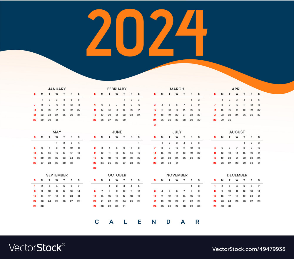 Wavy style 2024 wall calendar template for evnt Vector Image