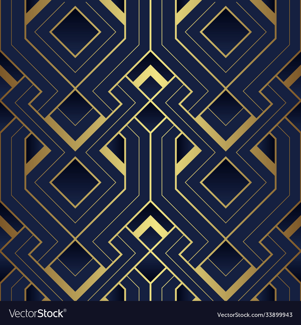 Abstract art deco seamless blue and golden pattern