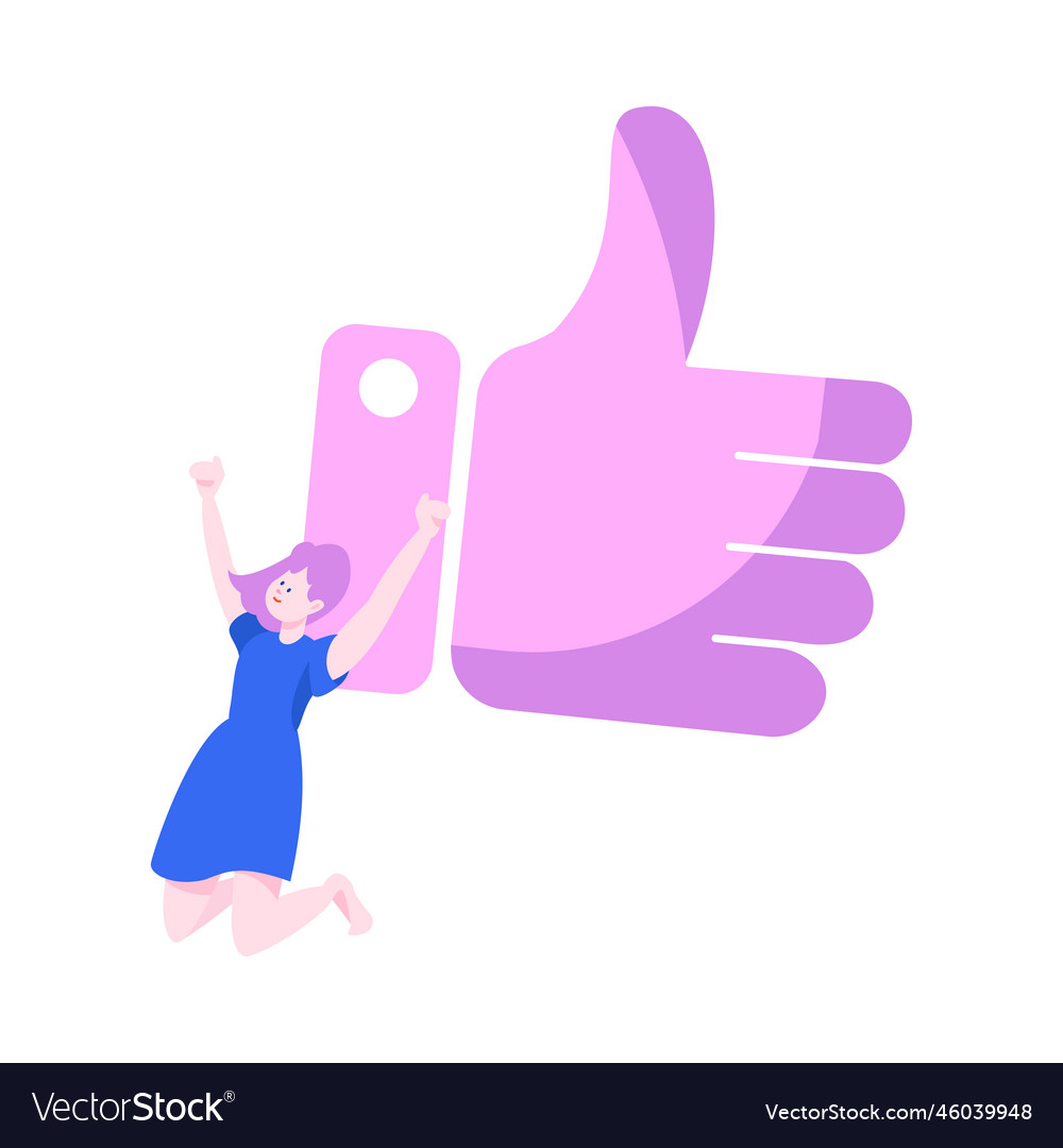 Tiny woman character jumping near huge purple