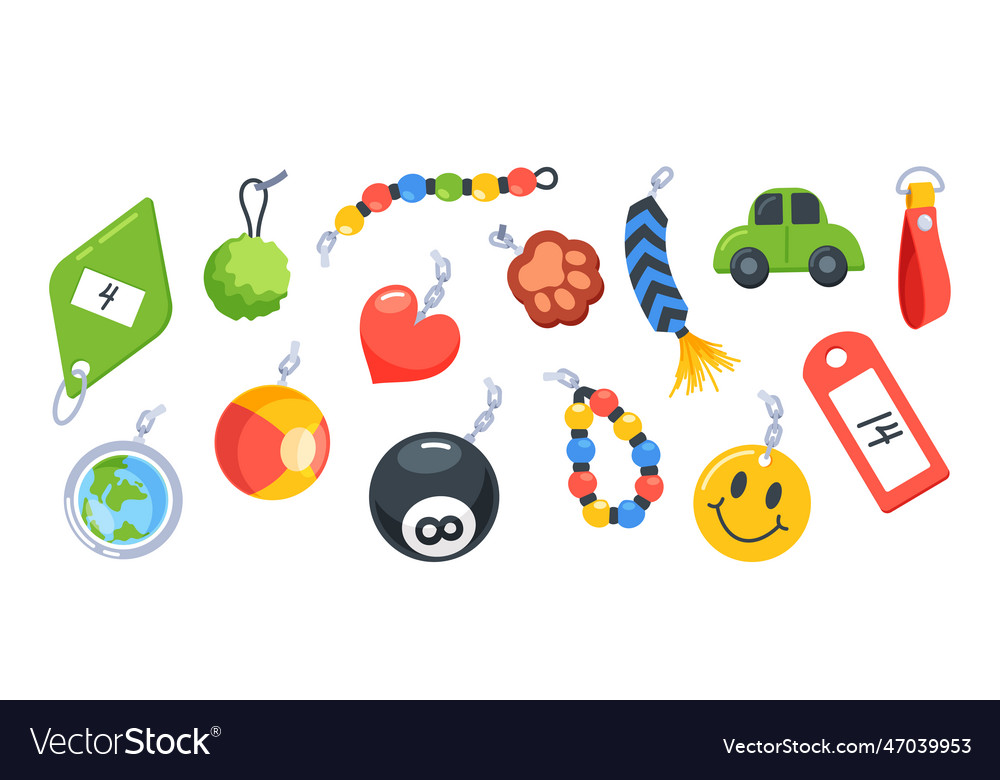 Assorted keychains in different shapes and sizes vector image Assorted keychains in different shapes and sizes