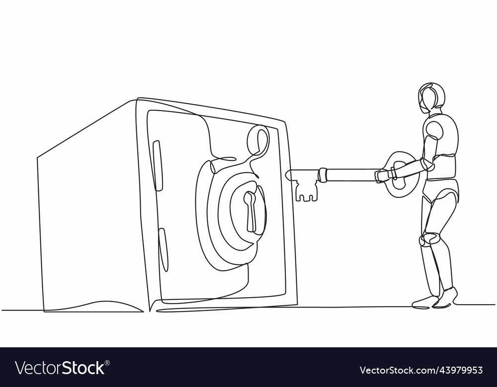 Continuous one line drawing robot putting big key vector image Continuous one line drawing robot putting big key