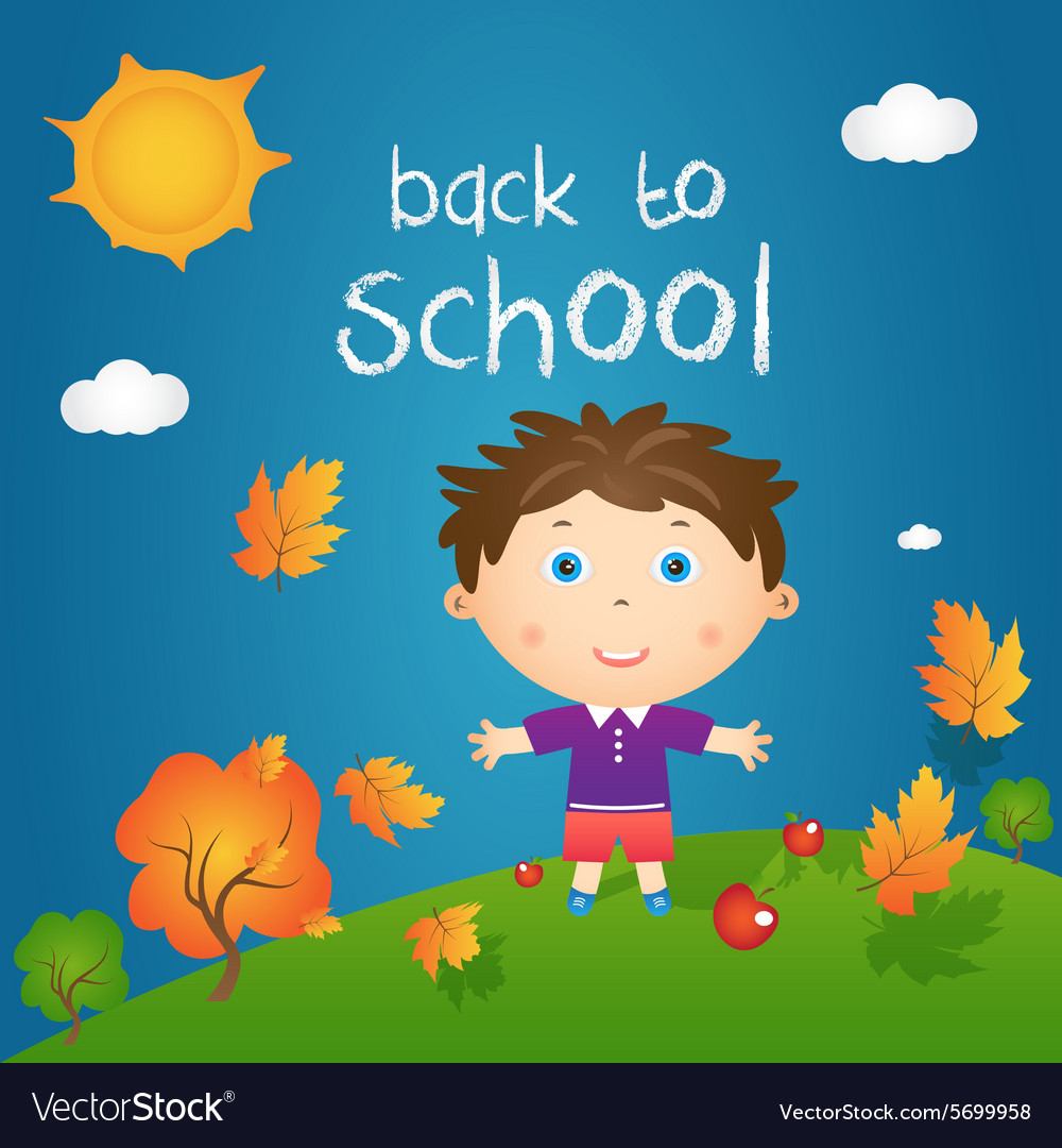 Cartoon of happy little boy in autumn landscape