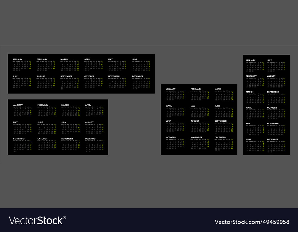 Dark full year calendar templates vector image Dark full year calendar templates