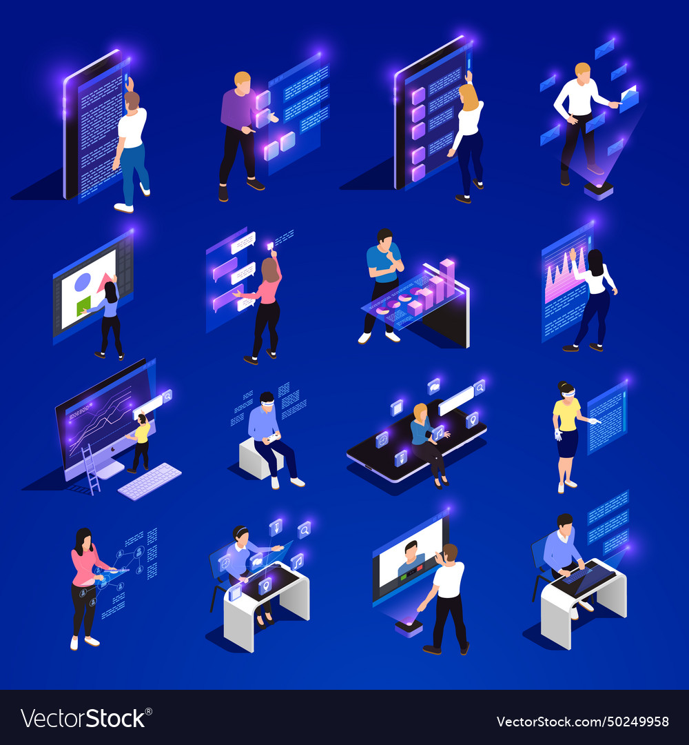People and interfaces glow isometric icon set