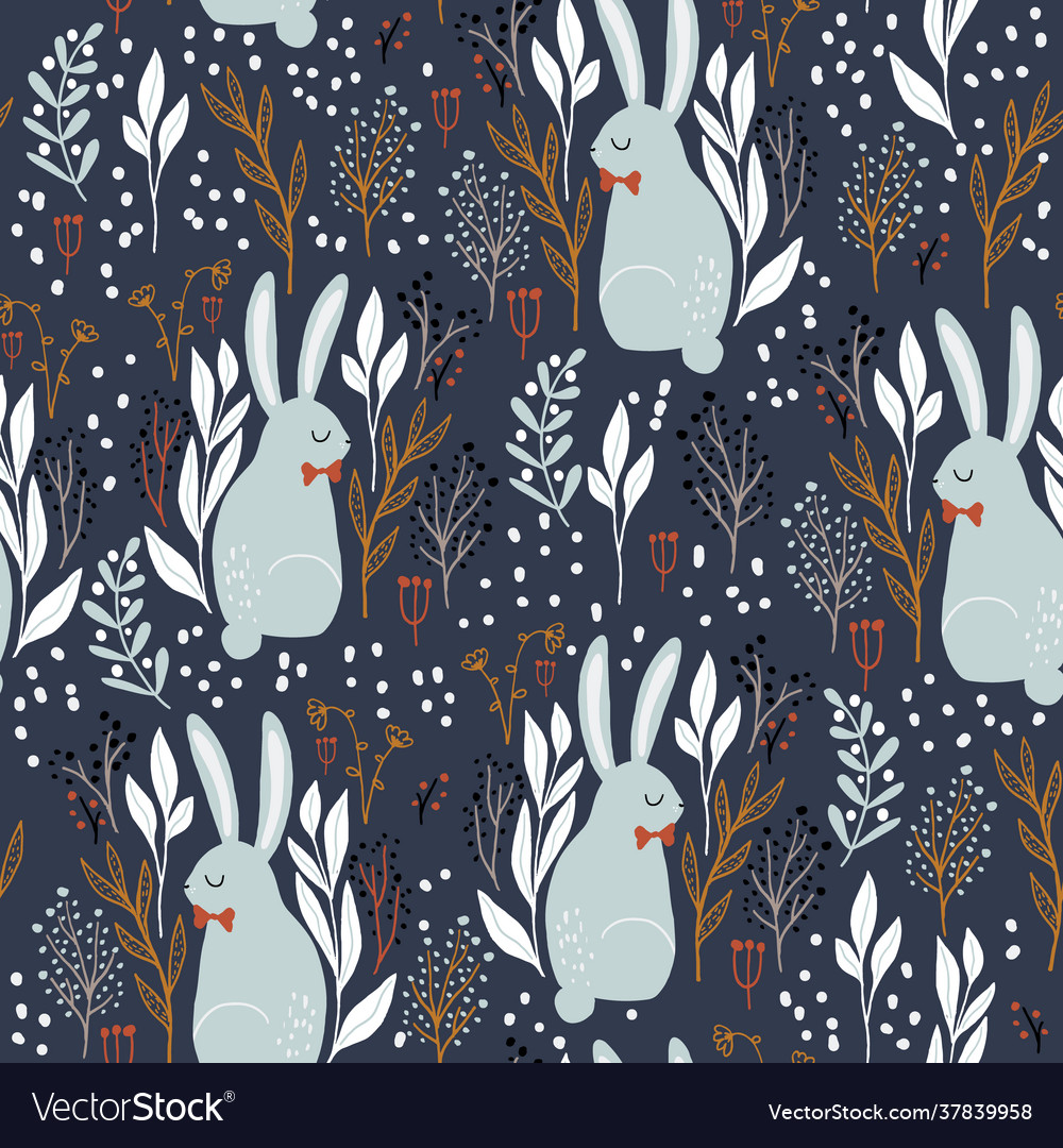 Seamless forest pattern with adorable rabbits vector image Seamless forest pattern with adorable rabbits