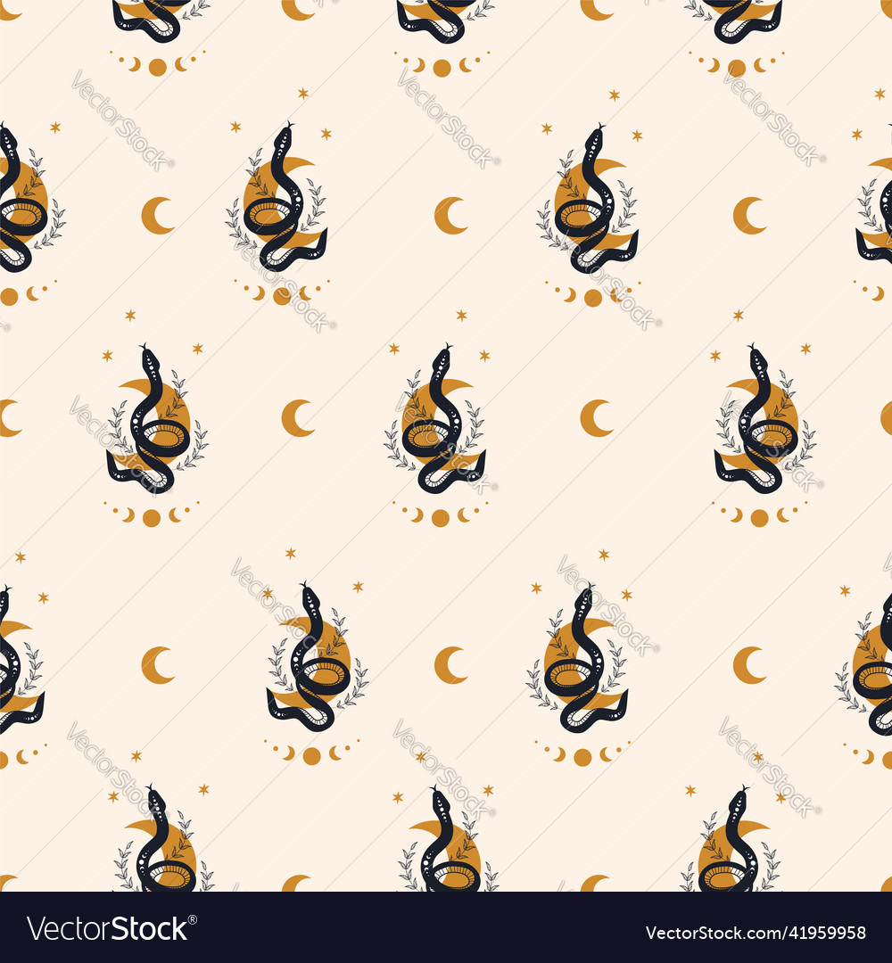 Seamless pattern with boho magic snake and moon vector image Seamless pattern with boho magic snake and moon