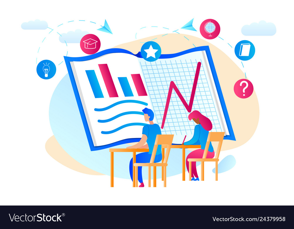 Students watchig at huge notebook with graphs vector image Students watchig at huge notebook with graphs