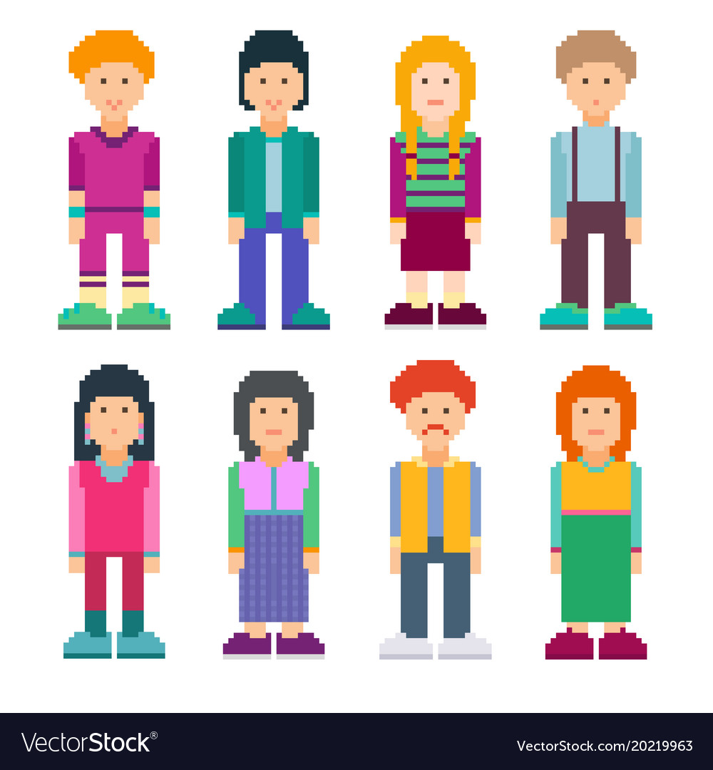 Colourful set of pixel art style characters Vector Image