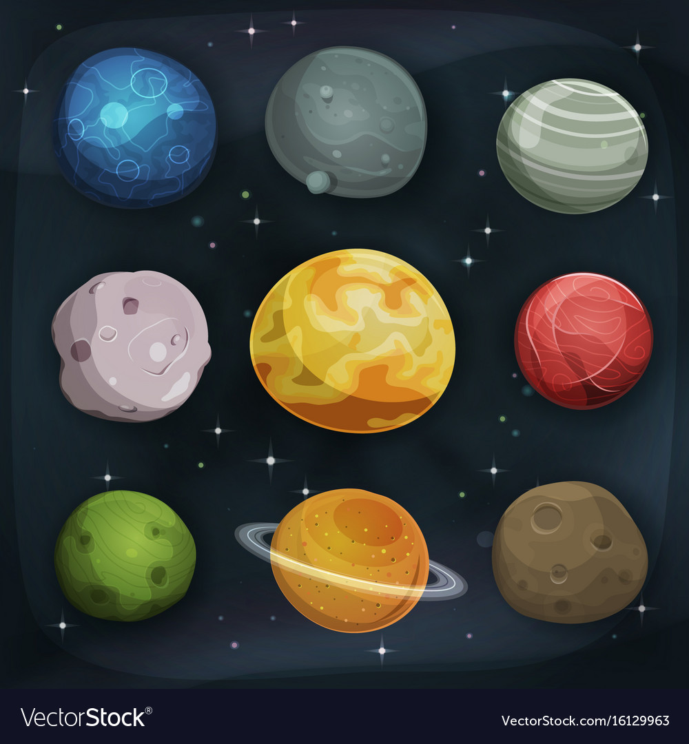 Comic planets set on space background Royalty Free Vector