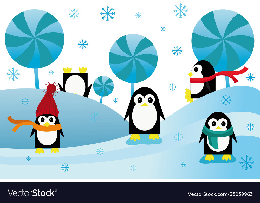 Playing penguins in winter landscape image